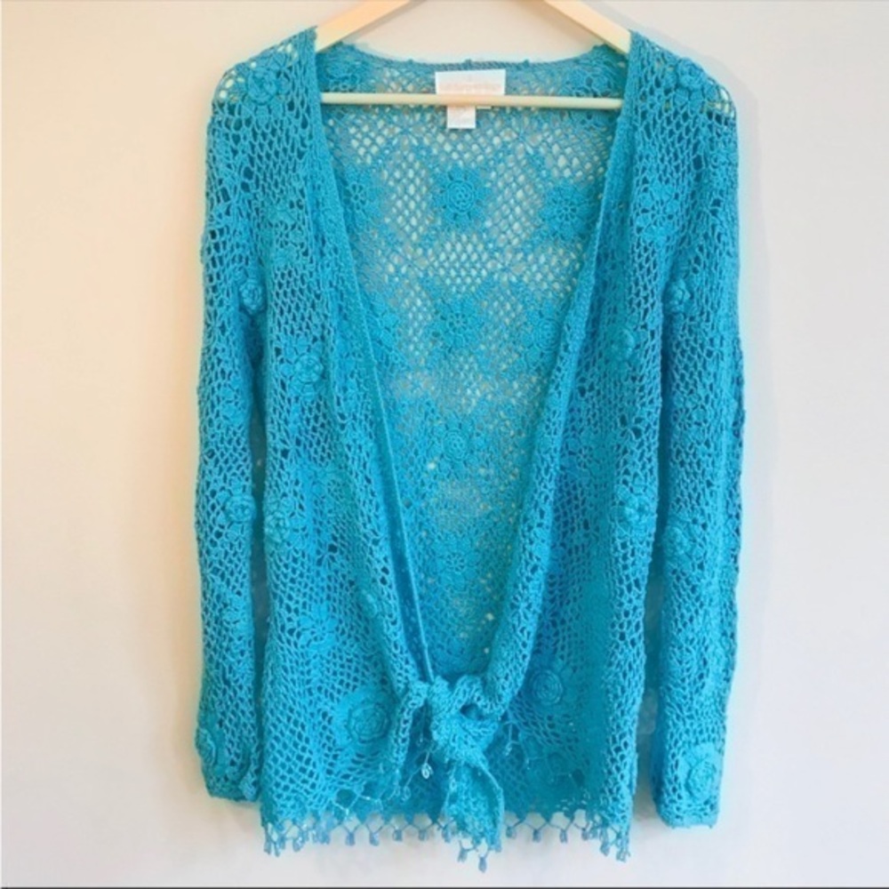 Soft Surroundings Turquoise Blue Boho Crochet Cardigan Sweater Sequin Fringe S